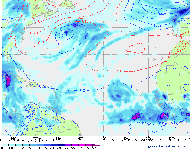 Precipitation (6h) GFS We 25.09.2024 18 UTC