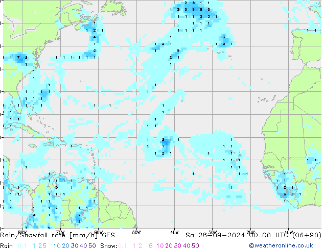 Rain/Snowfall rate GFS сб 28.09.2024 00 UTC