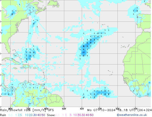 Rain/Snowfall rate GFS pon. 07.10.2024 18 UTC