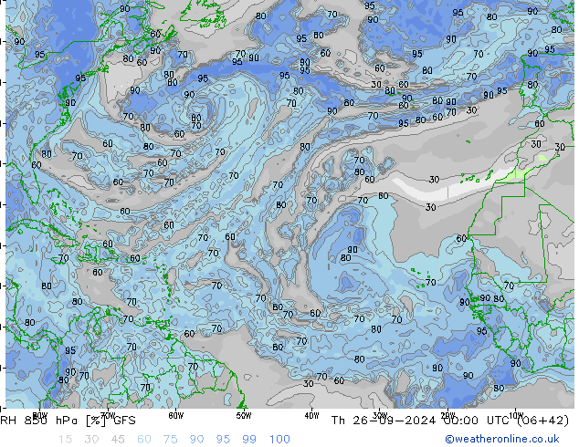 RH 850 гПа GFS чт 26.09.2024 00 UTC