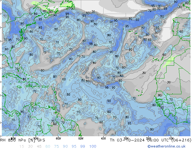 RH 850 hPa GFS Th 03.10.2024 06 UTC