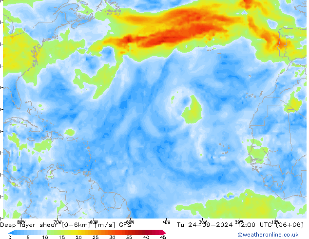 Deep layer shear (0-6km) GFS wto. 24.09.2024 12 UTC