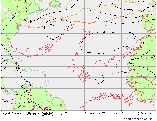 Hoogte/Temp. 925 hPa GFS wo 25.09.2024 12 UTC