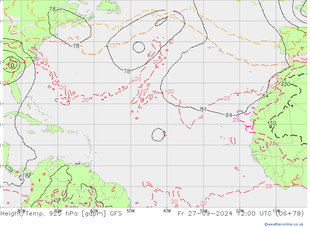 Height/Temp. 925 hPa GFS Fr 27.09.2024 12 UTC