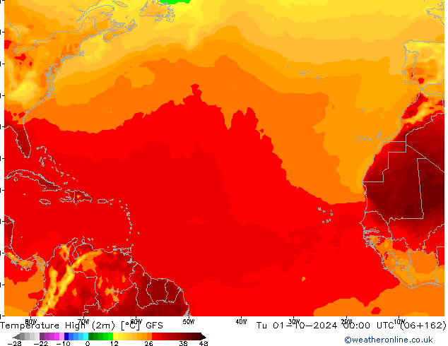 Max. Temperatura (2m) GFS wto. 01.10.2024 00 UTC