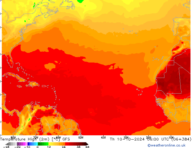 Temperatura máx. (2m) GFS jue 10.10.2024 06 UTC