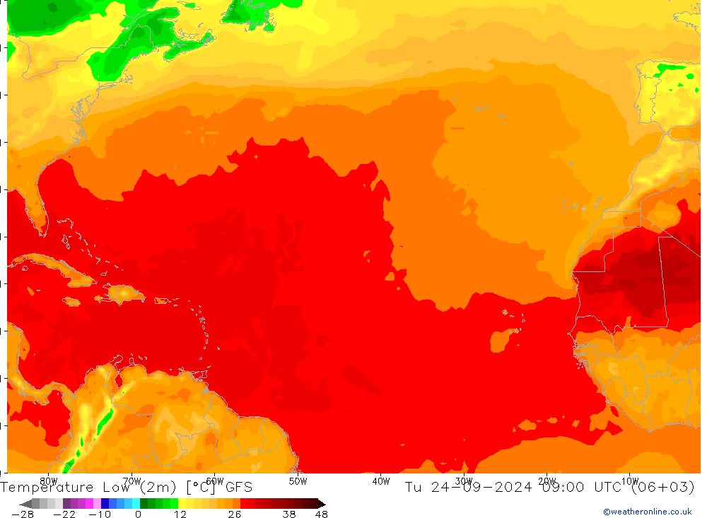 temperatura mín. (2m) GFS Ter 24.09.2024 09 UTC