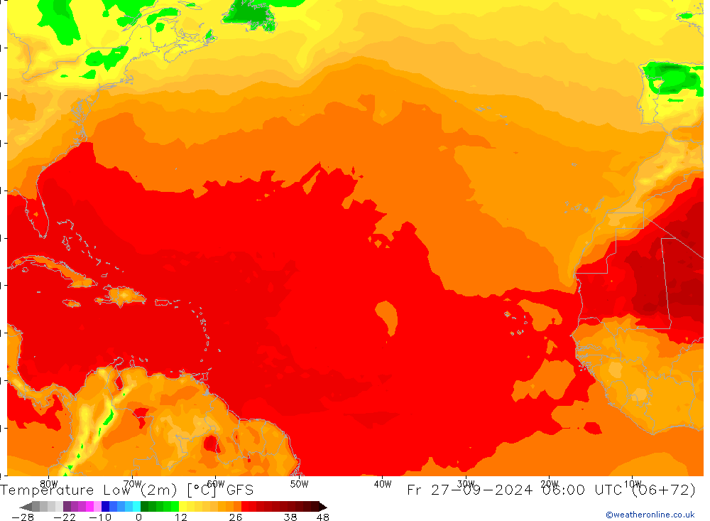 Min.temperatuur (2m) GFS vr 27.09.2024 06 UTC