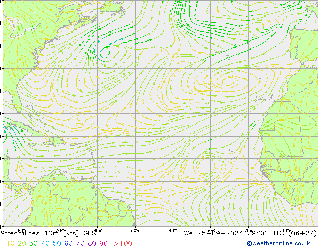 Streamlines 10m GFS We 25.09.2024 09 UTC