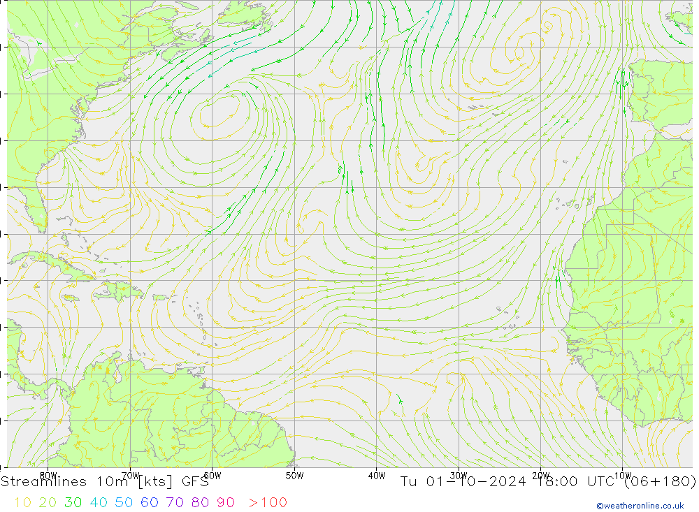 Linia prądu 10m GFS wto. 01.10.2024 18 UTC