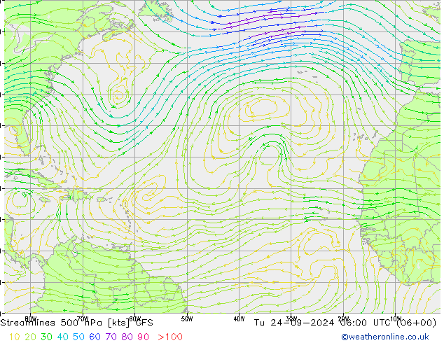 Linia prądu 500 hPa GFS wto. 24.09.2024 06 UTC