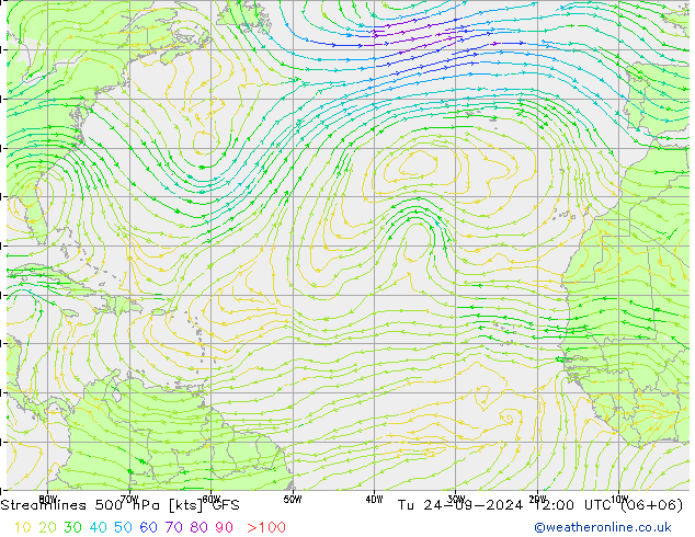 Línea de corriente 500 hPa GFS mar 24.09.2024 12 UTC