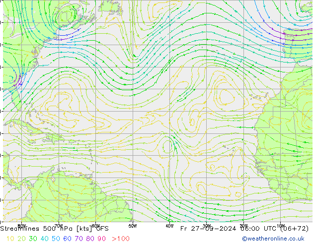 Linia prądu 500 hPa GFS pt. 27.09.2024 06 UTC