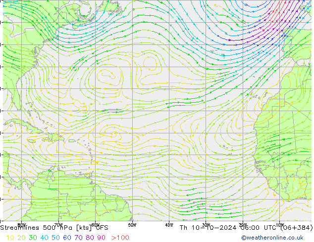 Ligne de courant 500 hPa GFS jeu 10.10.2024 06 UTC