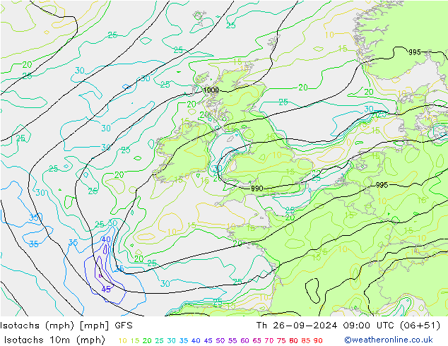 Isotachs (mph) GFS Th 26.09.2024 09 UTC