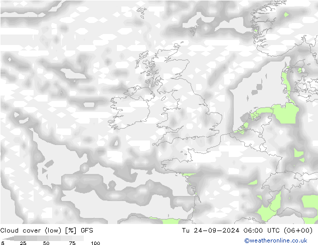 Cloud cover (low) GFS Tu 24.09.2024 06 UTC