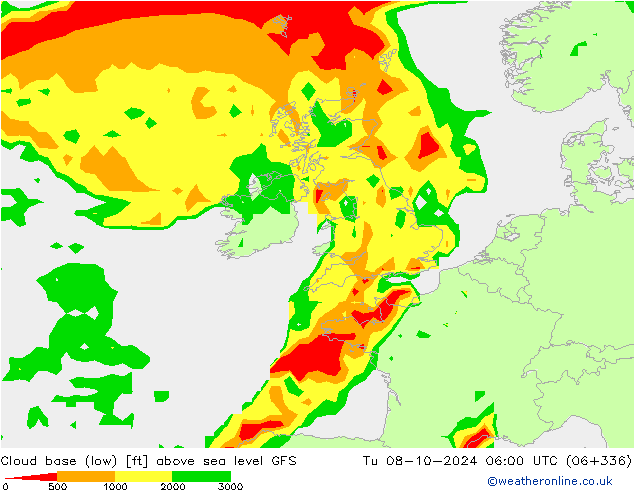 Cloud base (low) GFS Tu 08.10.2024 06 UTC