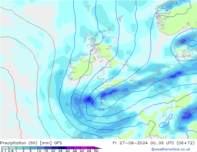 Precipitation (6h) GFS Fr 27.09.2024 06 UTC