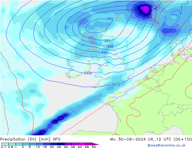 Précipitation (6h) GFS lun 30.09.2024 12 UTC