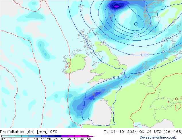 Z500/Rain (+SLP)/Z850 GFS Ter 01.10.2024 06 UTC