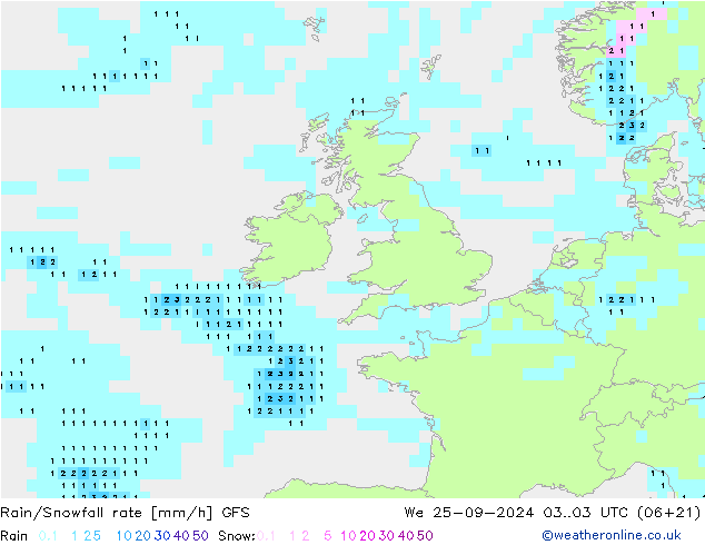 Rain/Snowfall rate GFS We 25.09.2024 03 UTC