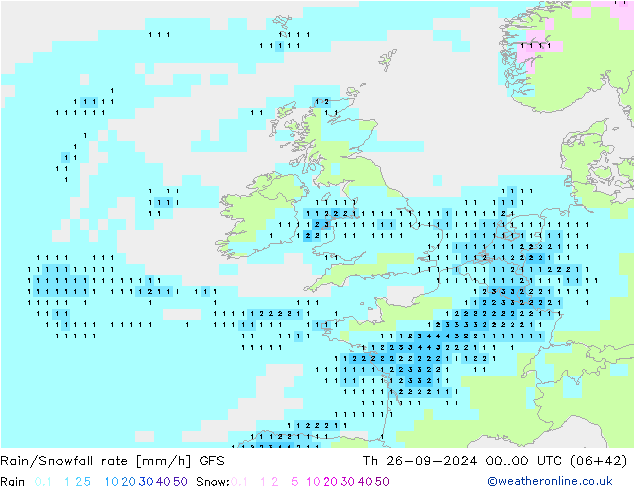 Rain/Snowfall rate GFS Th 26.09.2024 00 UTC