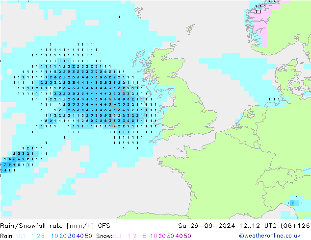 Rain/Snowfall rate GFS dom 29.09.2024 12 UTC