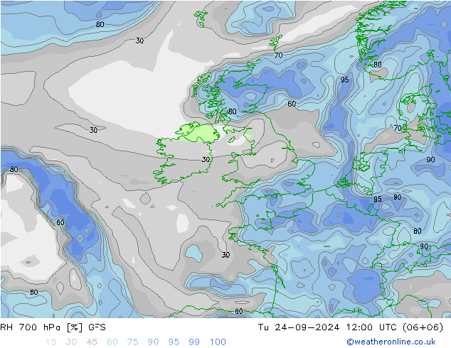 RH 700 hPa GFS Tu 24.09.2024 12 UTC