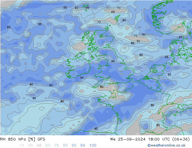 RH 850 hPa GFS We 25.09.2024 18 UTC