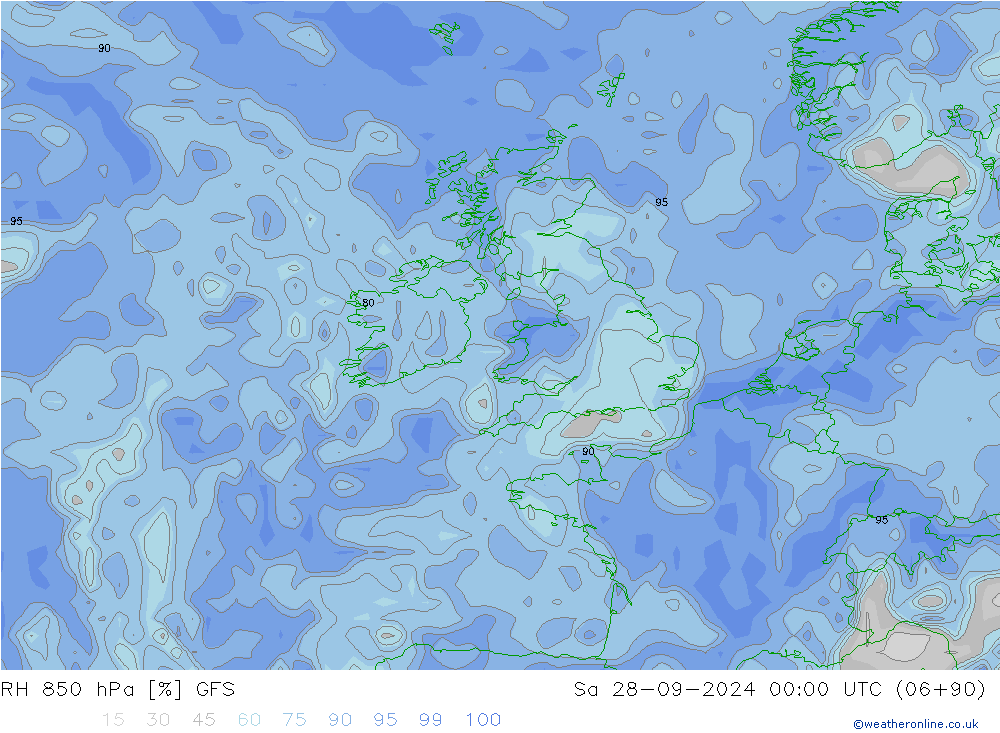 Humedad rel. 850hPa GFS sáb 28.09.2024 00 UTC