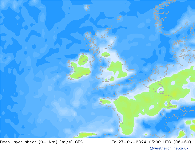 Deep layer shear (0-1km) GFS ven 27.09.2024 03 UTC