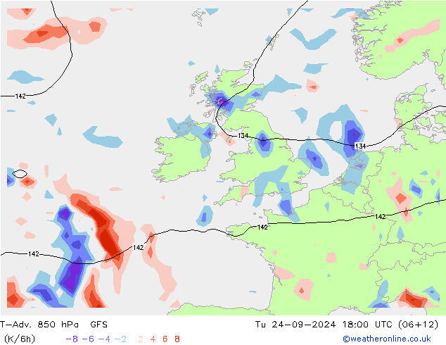 T-Adv. 850 hPa GFS Sa 24.09.2024 18 UTC