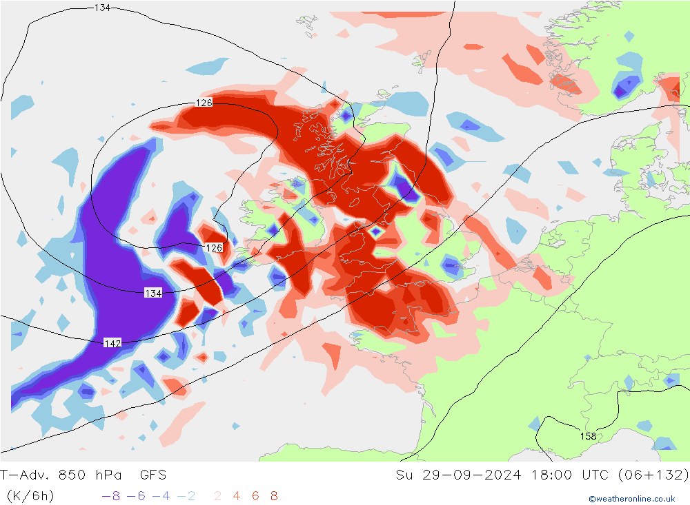 T-Adv. 850 hPa GFS dim 29.09.2024 18 UTC