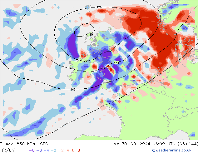 T-Adv. 850 hPa GFS Pzt 30.09.2024 06 UTC