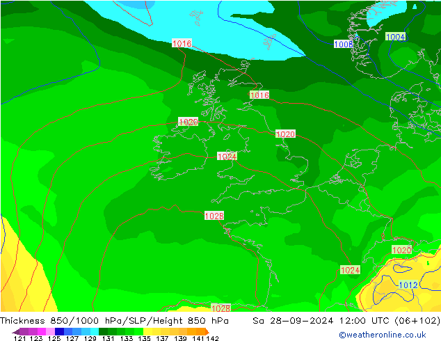 Thck 850-1000 hPa GFS sab 28.09.2024 12 UTC