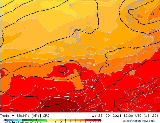 Theta-W 850hPa GFS We 25.09.2024 12 UTC