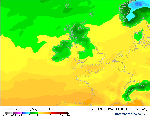 Temperature Low (2m) GFS Th 26.09.2024 00 UTC