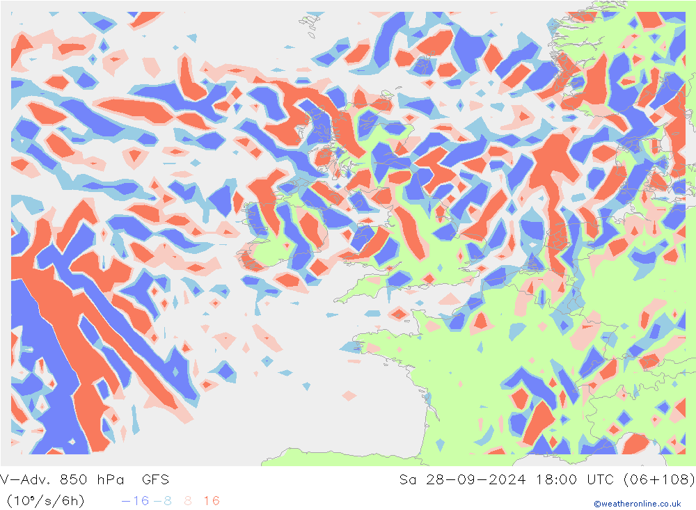 V-Adv. 850 hPa GFS Sáb 28.09.2024 18 UTC