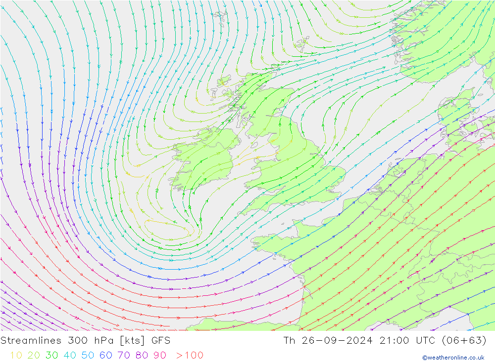 Linia prądu 300 hPa GFS czw. 26.09.2024 21 UTC