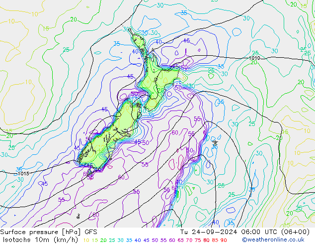 Eşrüzgar Hızları (km/sa) GFS Sa 24.09.2024 06 UTC