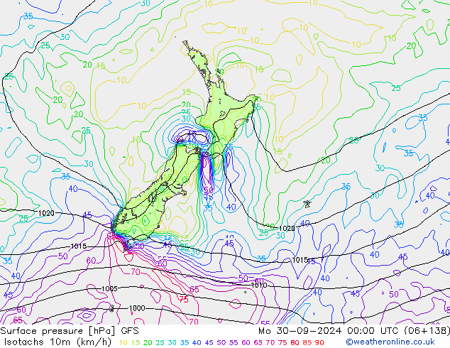 Isotachs (kph) GFS  30.09.2024 00 UTC