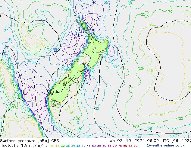 Isotachs (kph) GFS We 02.10.2024 06 UTC