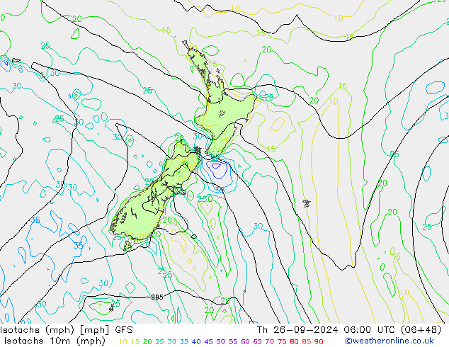 Izotacha (mph) GFS czw. 26.09.2024 06 UTC