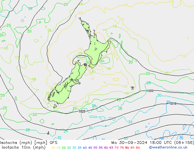 Isotachs (mph) GFS Mo 30.09.2024 18 UTC