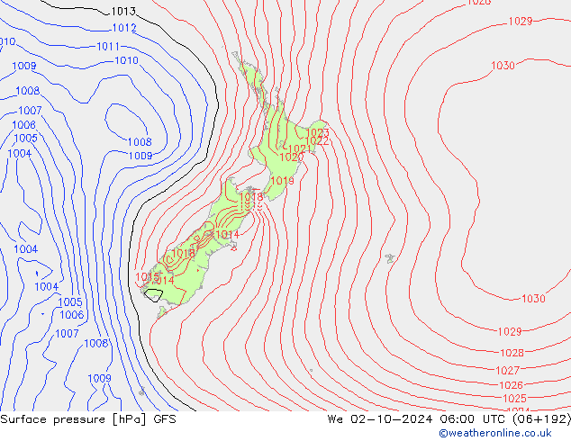 Presión superficial GFS mié 02.10.2024 06 UTC