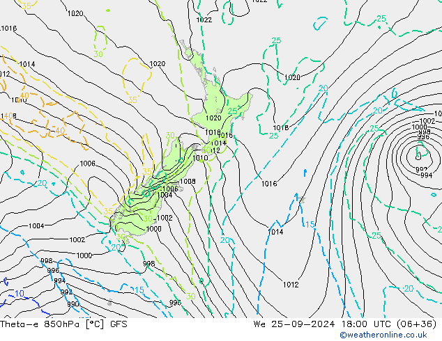 Theta-e 850hPa GFS mer 25.09.2024 18 UTC