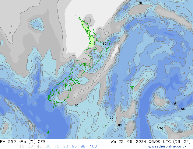 Humidité rel. 850 hPa GFS mer 25.09.2024 06 UTC