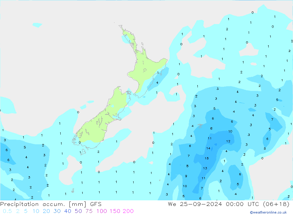 Precipitation accum. GFS śro. 25.09.2024 00 UTC