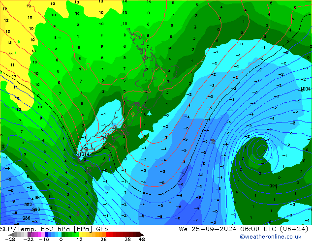 SLP/Temp. 850 hPa GFS  25.09.2024 06 UTC