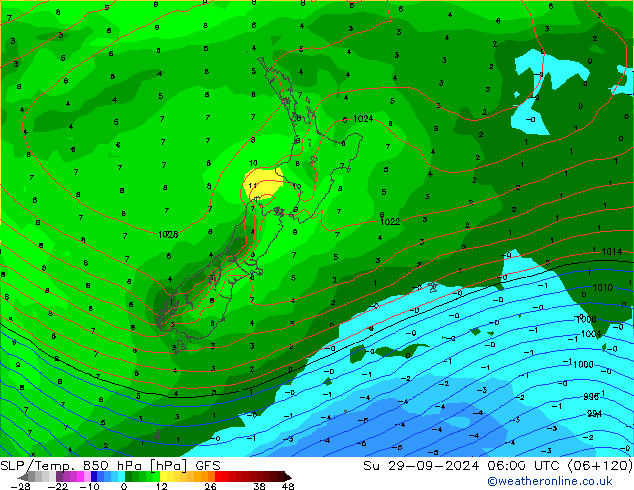 SLP/Temp. 850 hPa GFS dom 29.09.2024 06 UTC